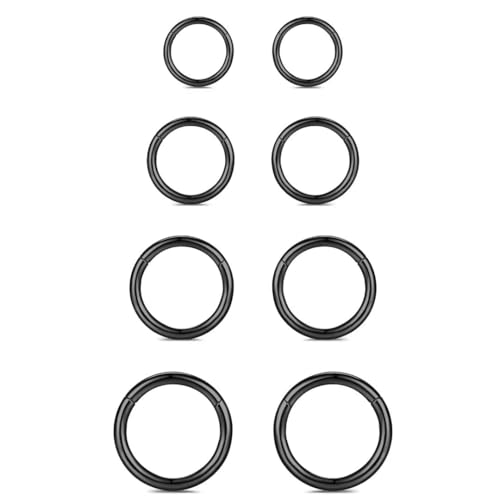 WBRWP 316L Stainless-Steel Piercing-Ring Hinged Nose-Rings-Hoop : 20G 18G 16G 14G Womens Body Pierecing Ring Segment Clicker Lip Rings Helix Cartilage Rook Earrings Diameter 6mm 8mm 10mm 12mm - color: 8pc set in black color(each dia. 2 pc)