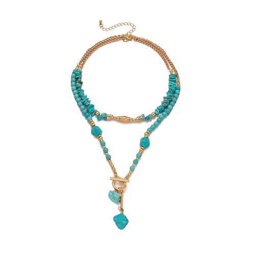 Gold Turquoise Beaded Necklace for Women Layered Bead Necklaces Vintage Turquoises Choker Necklace Boho Turquoises Jewelry Western Handmade Toggle Jewelry - color: 2PCS Turquoise Necklace