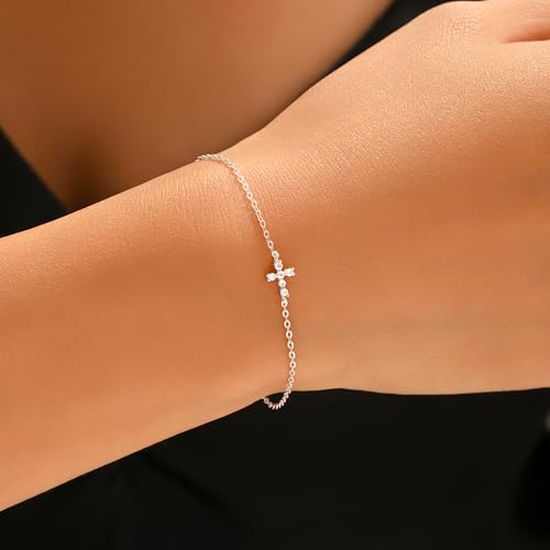 Double Cross Bracelet for Women 925 Sterling Silver Dainty 14K Gold Plated Cubic Zirconia Bracelet Faith Christian Bracelets Adjustable Chain Religious Christian Baptism Jewelry Gifts - color: Silver