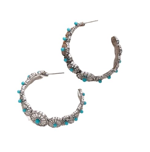 Boho Round Turquoise Hoop Earrings Daisy Flower Turquoise Dangle Earrings for Women Men Vintage Ethnic Accessories Tribal Jewelry - color: Green D