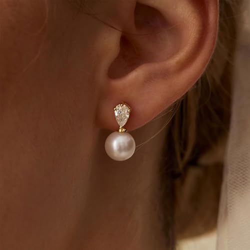 Pearl Earrings for Women, Dainty Wedding Bridal Earrings 14k Gold Plated CZ Pearl Drop Earrings for Women Trendy Hypoallergenic Unique Gold Drop Earrings Fashion Prom Jewelry - color: Gold-A