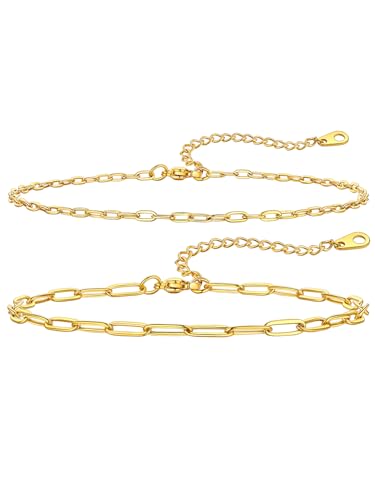 ChainsHouse Ankle Bracelets for Women, Stainless Steel Chain Anklets Waterproof, Women Summer Beach Jewelry Gift, Come with Box - color: 02. 2Pcs-(2+3mm)-Paperclip-14K Gold