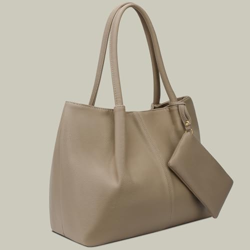 KKXIU Tote Bag for Women Vegan Leather Shoulder Purse Large Capacity Travel Bag - color: Khaki