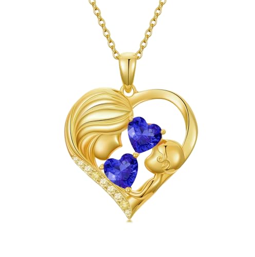 Mothers Day Gifts 14K Yellow Gold Mother Daughter Heart Pendant Necklace with 12 Months Birthstone Birthday Gifts for Mom Anniversarry Jewelry for Mom Wife Girlfriend - color: 09-09-Sept-Sept Birthstone