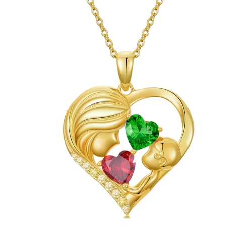 Mothers Day Gifts 14K Yellow Gold Mother Daughter Heart Pendant Necklace with 12 Months Birthstone Birthday Gifts for Mom Anniversarry Jewelry for Mom Wife Girlfriend - color: 01-05-Jan-May Birthstone