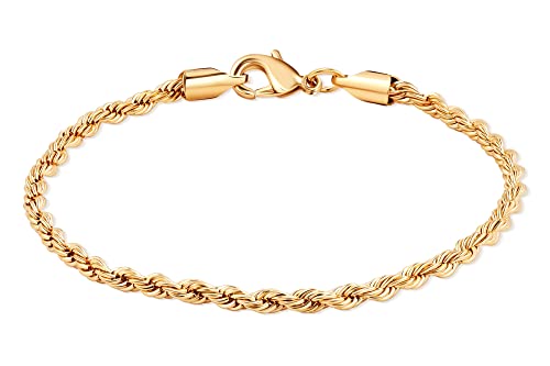 Barzel 18K Gold Plated Rope Chain Bracelet - Made In Brazil - color: 3MM, size: 7.5 Inches