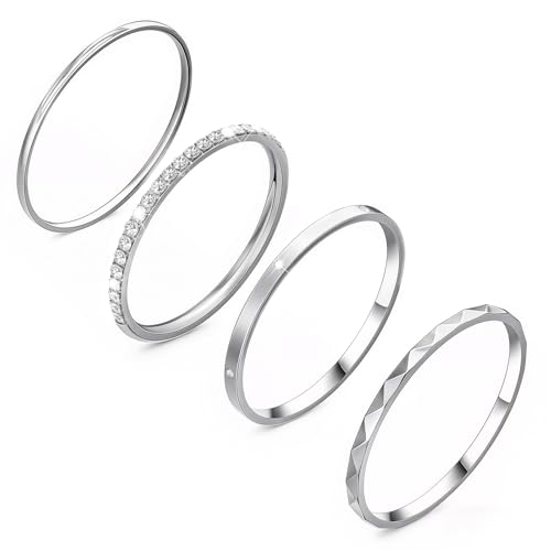 4-Pack 14K Gold Plated Stackable Rings for Women,Cubic Zirconia Simulated Diamond Oura Stack Rings for Oura Ring Gen 4/Oura Ring Gen 3,Dainty Trendy Statement Stacking Rings Set Size 5-10 - color: Silver, size: 8