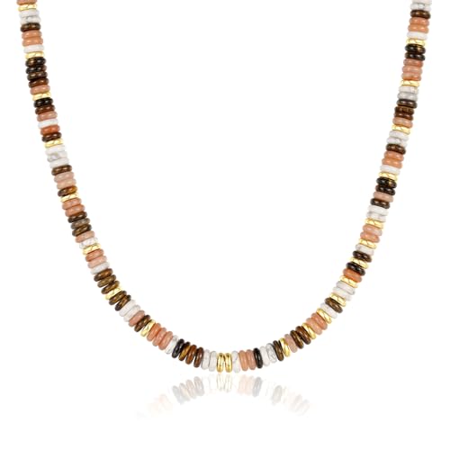 KissYan Boho Beaded Choker Necklace for Women, Gemstone Choker Natural Stone Freshwater Pearl Surfer Necklaces 14K Gold Plated Summer Beach Handmade Jewelry - color: N-Sunstone