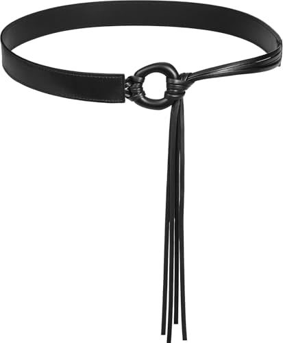Knotted Waist Belt for Women PU Leather Thin Strap Belt for Dresses - color: Irregular-black