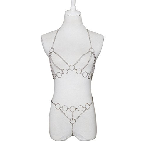 ADESUGATA Sexy Woman Tassel Body Harness Chain Cross Enticing Tassel Body Link Harness Metal Chain Sexy Lingerie Set - color: Silver