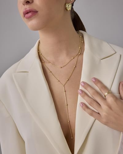 PAVOI 14K Gold Plated Drop Lariat Chain for Women - Cubic Zirconia Long Necklace - Station Star Layered Beaded Y Necklace - style: Beaded