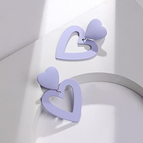 Double Heart Earrings Dangling Heart Drop Earrings For Women Love Heart Dangle Earrings Birthday Gift - color: Purple