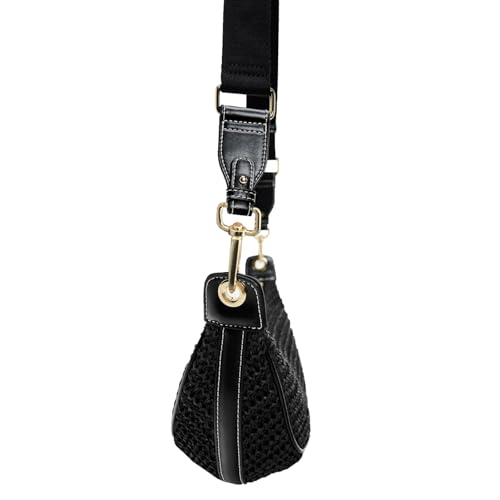 Straw Crossbody Bags for Women Crescent Woven Shoulder Handbag Summer Beach Hobo Purses with Adjustable Strap - color: Black