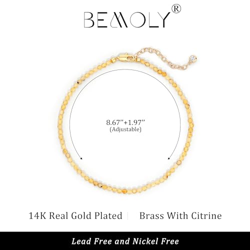 Bemoly Faceted Anklet for Women Gemstone Beads Anklet with Sparkling CZ Tail Charm - 22cm + 5cm Adjustable 14K Gold Plated Foot Chain - October Birthstone Jewelry Gift for Her, Summer Beach Vacation - color: Anklet-Citrine