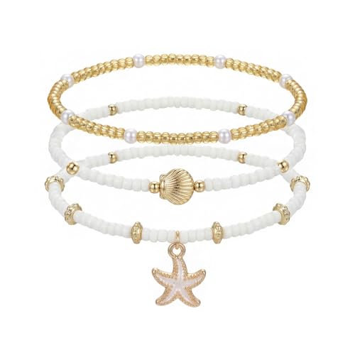 Gold Starfish Anklets for Women Seashell Ankle Bracelet Boho Stack Stretch Beaded Anklet Set Summer Beach Jewelry - style: D Style