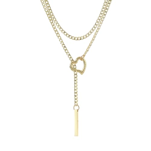 Slip Chain Necklaces for Women Stainless Steel Bar Pendant Choker Necklace Boho Handmade Long Lariat Necklace Silver Statement Punk Rock Collar Jewelry - style: layered gold heart