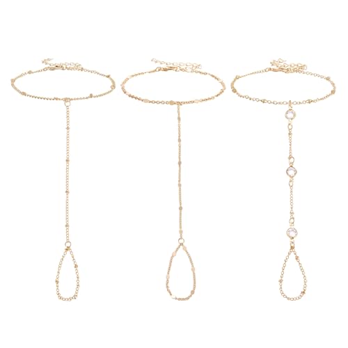 3 Pack Gold Hand Chain Bracelet Set for Women – Dainty Layered Finger Ring Bracelets, Boho Wrist Accessory for Wedding Prom Beach Party, Elegant Hand Jewelry Gift for Bridesmaids Daughter