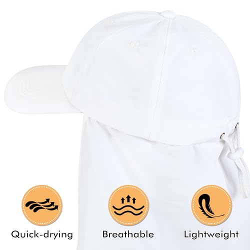 Tirrinia Wide Brim Sun Hat with Neck Flap for Men & Women, Breathable Hiking Fishing Safari Hat, Outdoor UV Protection Cap - color: White
