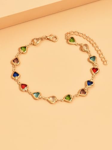 Heart Anklets for Women Crystal Tennis Chain Foot Jewelry Rhinestone Ankle Bracelets for Summer Beach Party - color: Gold/Deep Multicolor
