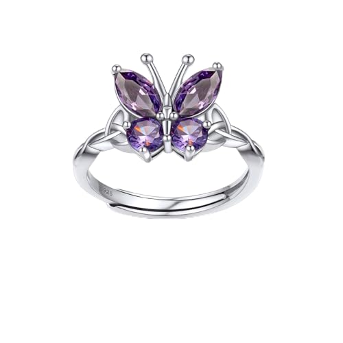 Bestyle 925 Sterling Silver Butterfly Ring Hypoallergnic Adjustable Birthstone Rings for Women Butterfly Jewelry Gifts for Anniversary Mothers' Day Birthday - color: 02.February (Amethyst)-Ring