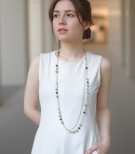 FULU AUTUMN Boho Gold Long Necklaces for Women Natural Stone Beaded Layered Long Necklace Mothers Day Gifts Dainty Flower Costume Jewelry for Women - color: Jade Green