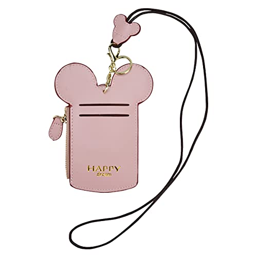 BUUFAN Chic Cute Travel PU Leather Student ID Card Holder Lanyard Neck Pouch Bag With Coin Wallet Purse for Students Women Kids Teens Girls (Pink) - color: Pink