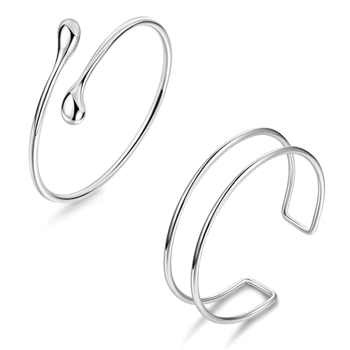 2Pcs Gold Arm Cuff for Women Adjustable Arm Cuff Bracelet Minimalist Open Coil Upper Arm Band Cuff Bangle Set - style: Silver F