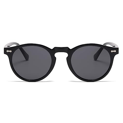 LJCZKA Round Polarized Sunglasses for Men Women Retro Small Face Sunglasses Polarized Vintage Sun Glasses UV400 Protection - color: Black Grey