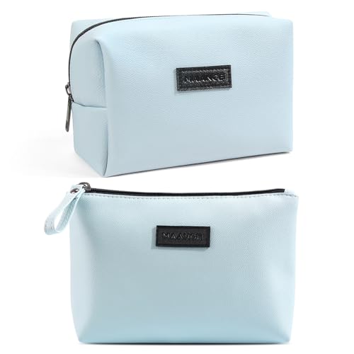 MAANGE Cosmetic Bags for Women Small Makeup Bag for Purse Pu Leather Makeup Pouch Travel Makeup Bag with Zipper Make Up Bag for Travelling - color: 2PCS Blue