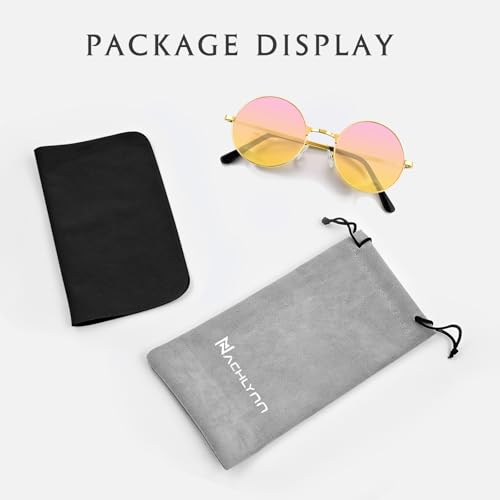 NACHLYNN Round Hippie Sunglasses Metal Border Circle Hippie Glasses UV380 Protection 70s Sunglasses for Men Women Party Favor - color: Pink Yellow