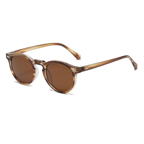 LJCZKA Round Polarized Sunglasses for Men Women Retro Small Face Sunglasses Polarized Vintage Sun Glasses UV400 Protection - color: Brown Stripe Brown