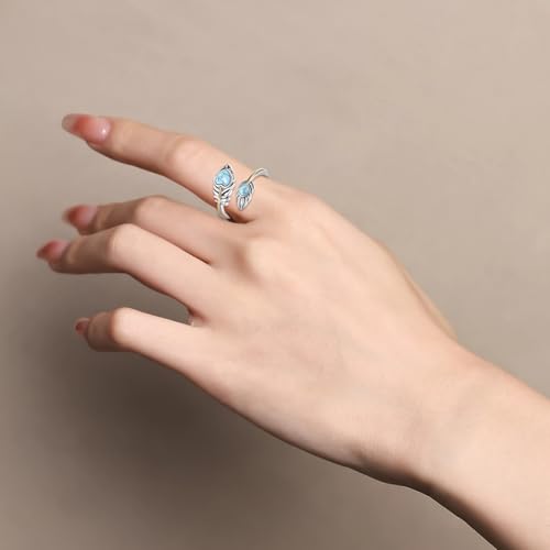 MONGAS Feather Ring 925 Sterling Silver Turquoise Ring Western Jewelry Christmas Gifts for Women