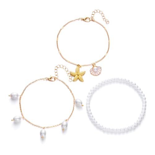 Boho Multilayer Anklet for Women Beach Shell Starfish Pearl Beaded Ankle Bracelets Adjustable Waterproof Summer Foot Chain Jewelry - color: Gold starfish