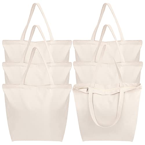 Segarty Canvas Bag with Zipper, 6 Pack 18x15in Blank Canvas Tote Bags for Women, Reusable Tote Bags Aesthetic with Natural Cotton Cloth, Shoulder Strap, Bulk for DIY Grocery Beach Travel Gift - size: 18"x15"x4.7", style: Beige_6pcs