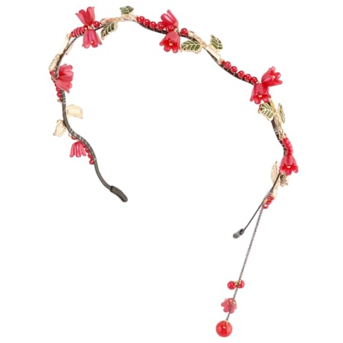 AHONEY Red Flower Headband for Women Girls Hair Vine Leaf Black Headband Wedding Fairy Accessories Headpiece - color: Red