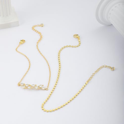 MIDEEO Gold/Silver Ankle Bracelets for Women,14K Gold Anklets for Women Waterproof Cuban Link Heart Beads Herringbone Rhinestone Anklets Set Layered Anklet Bracelets for Women Gold Jewelry Gift - style: 2Pcs Anklets A-Gold