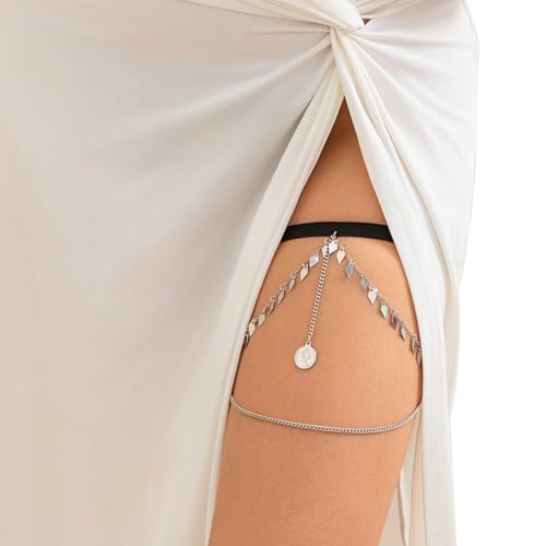 Multi-Layered Thigh Chains Jewelry, Bikini Elastic Tassel Leg Chain, Summer Beach Body Chain, Simple Metal Thigh Body Chain for Women - color: Leg Chain-silver
