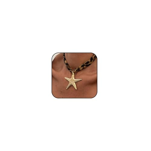 Scarf Necklace with Charm Gold Starfish Chunky Cross Heart Flower Pendants Bandana Charm Necklace Western Scarf for Women Boho Cowgirl Country Cowboy Accessories Beach Vacation Vacation Outfits Jewelry - color: A6-Scarf Necklace With Starfish Charm