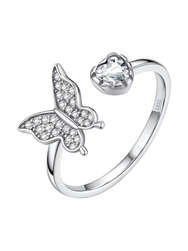 Bestyle 925 Sterling Silver Butterfly Ring Hypoallergnic Adjustable Birthstone Rings for Women Butterfly Jewelry Gifts for Anniversary Mothers' Day Birthday - color: 04.April (Diamond)