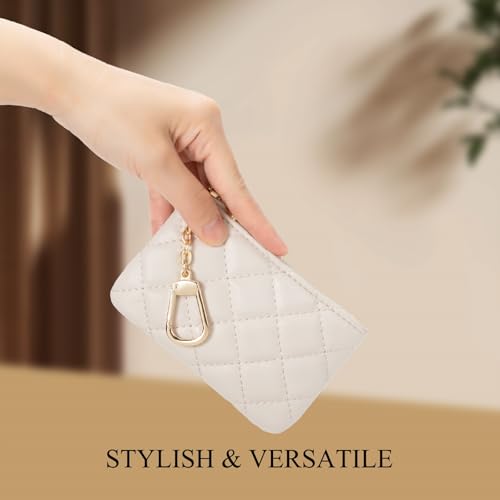 Quilted Leather Coin Purse with Keychain - Small Coin Pouch Key Pouch Small Card Holder Keychain Wallet Change Purse for Women and Men (Creamy-white) - color: Creamy-white