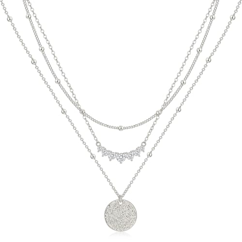 BBV Layered Gold Necklaces for Women Stackable Dainty 14K Gold Plated Silver Chain Necklace Layering Cute Fashion Pendant Choker Necklaces Trendy Jewelry Set Gifts for Women - color: silver, style: hammered texture round