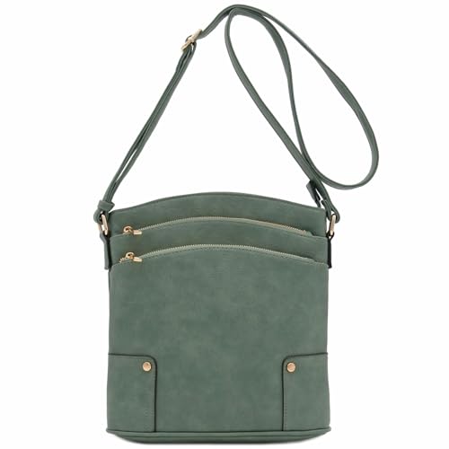 ALYSSA Triple Zip Pocket Large Crossbody Bag - color: Green Smoke