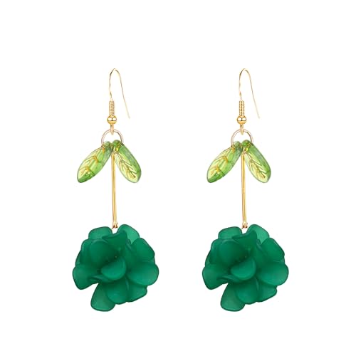 Resin Flower Cluster Ball Dangle Drop Earrings for Women Spring Summer Bohemian Floral Petal with Green Leaf Earrings Vacation Party Jewelry - color: Green