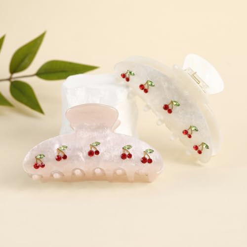 2PCS Cherry Hair Clips for Women Girls – Kawaii Fruit Medium Unique Claw clips, Trendy Handmade Look Acetate Hair Accessories for Thin Hair - color: Cherry Pink and White