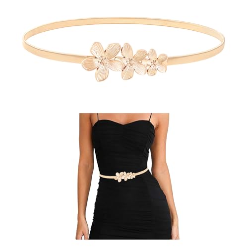E-Clover Womens Fashion Metal Stretch Waist Skinny Belt Waistband - color: Gold Flowers