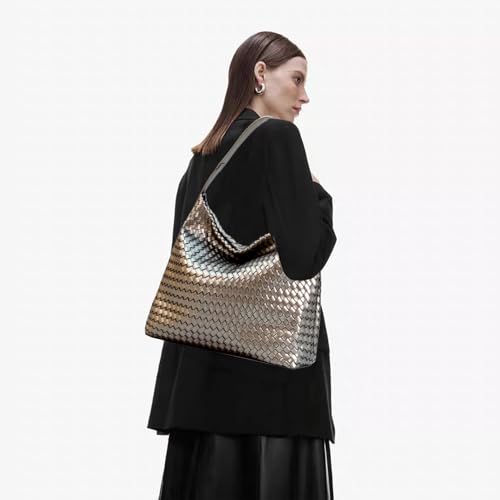 JINMANXUE Women Boston Bag, Woven Hobo Tote Handbag and Purses, Female Satchel Messenger Bags, Fashion Shoulder Crossbody Bag - color: Ebony Gold