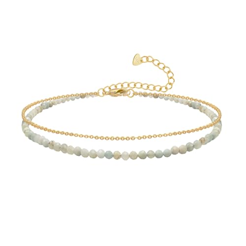Ankle Bracelet for Women, Dainty 18k Gold Natural Stone Beaded Anklet Adjustable Double Ankle Chain Waterproof Summer Boho Foot Jewelry Birthday Anniversary Graduation Gifts - color: Amazonite