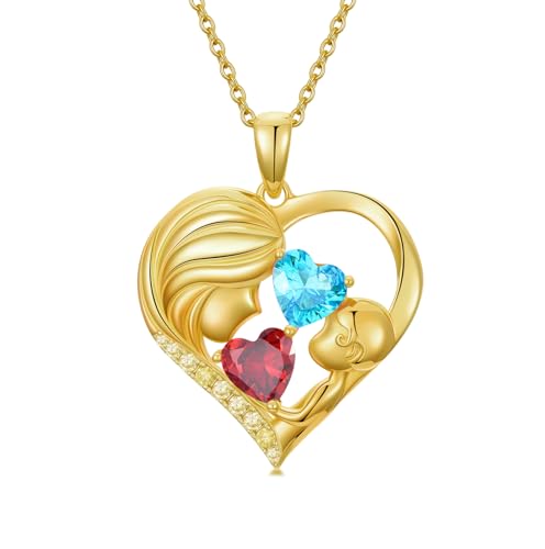 Mothers Day Gifts 14K Yellow Gold Mother Daughter Heart Pendant Necklace with 12 Months Birthstone Birthday Gifts for Mom Anniversarry Jewelry for Mom Wife Girlfriend - color: 01-03-Jan-Mar Birthstone
