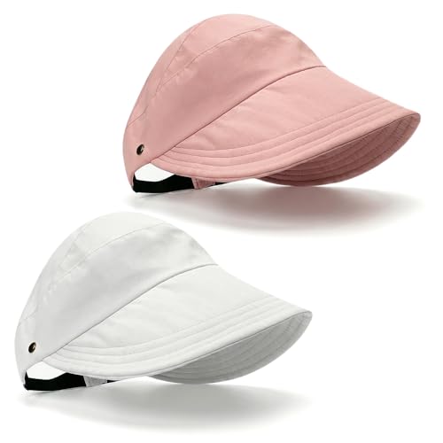 2 Pcs Women's Trendy Breathable Sun Hat, 2026 New Wide Brim UV Protection Hollow Top Sun Hat Summer Beach Packable Visor - color: White + Pink