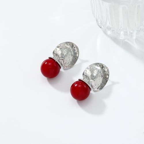 Red Ball Dangle Earrings for Women Boho Hammered Round Circle Bead Statement Charms Drop Earrings Fashion Christmas Holiday Festival Dress Accessories Jewelry Gifts - color: Silver